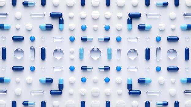 Different Blue and White Pills and Capsules Organized on a Plain Surface photo