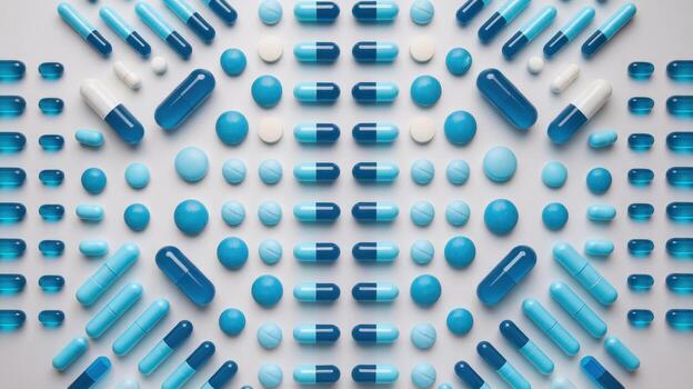 Various Blue and White Pills Arranged in a Pattern on a White Background photo