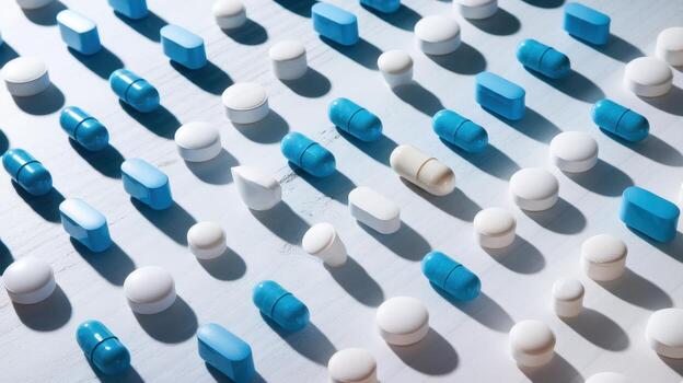 Blue and White Pills Arranged in a Pattern on a Light Surface photo