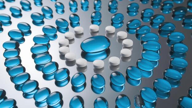 azul y blanco medicación pastillas arreglado en concéntrico círculos modelo foto