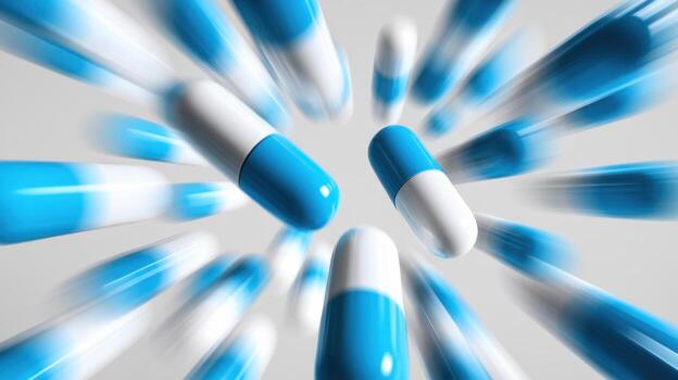 Capsules With White and Blue, Moving With a Zooming Effect on White Background photo