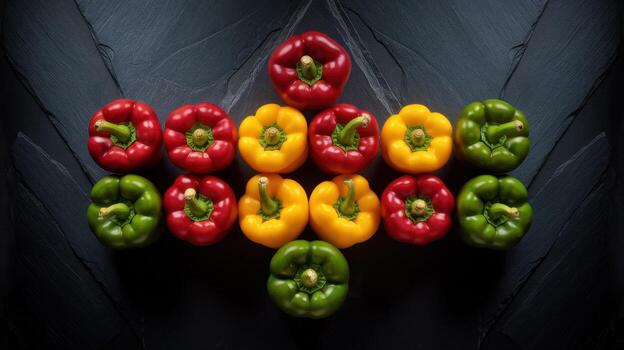 Colorful Bell Peppers Arranged on Dark Textured Surface Forming a Triangle photo