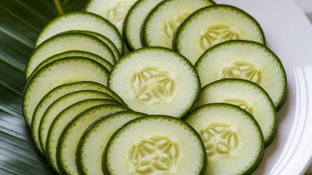 Cucumber Slices Arranged on a Green Leaf on a White Plate Presenting Fresh Ingredients photo
