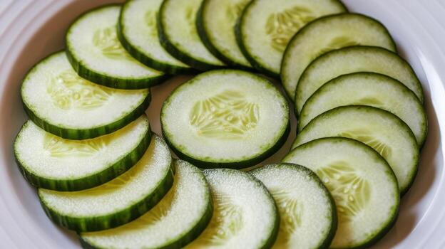 Sliced Cucumbers Displayed Beautifully on a White Plate at Daytime photo