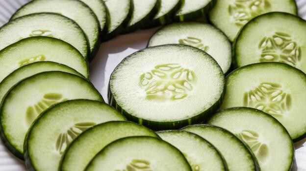 Arrangement of Many Fresh Cucumber Slices in a Circular Pattern, Close up View photo