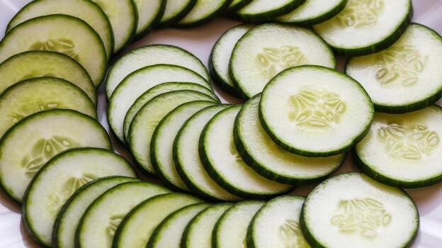 Cucumber Slices Arranged on a White Plate Forming a Swirl Pattern photo