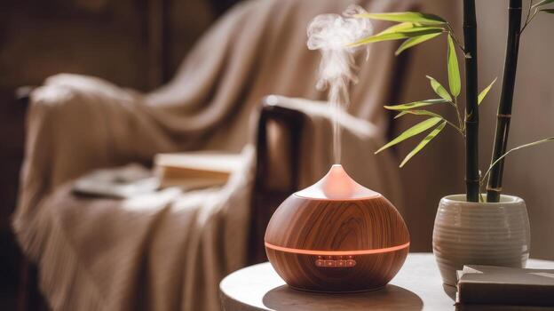 aromaterapia difusor emitiendo vapor en un relajante vivo habitación foto