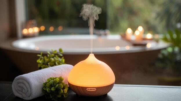 brillante difusor emitiendo vapor cerca toalla en relajante baño escena foto