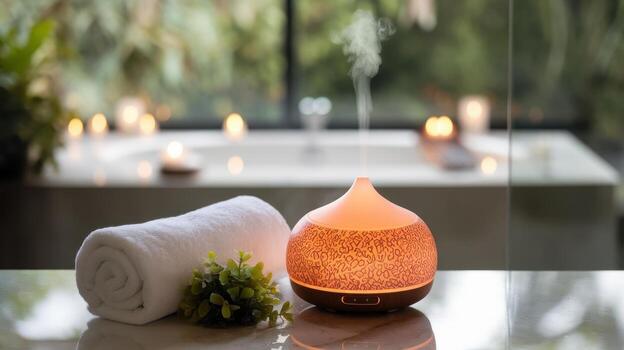 difusor es humeante siguiente a arrollado toalla en lujo baño ajuste foto