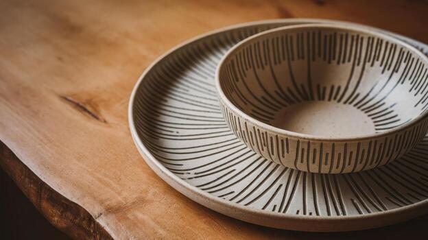 Ceramic Bowl Placed on Plate With Line Pattern on Wooden Surface photo