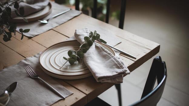 Rustic Wooden Dining Table Set With Plates, Silverware, Linen Napkins and Eucalyptus Leaves photo