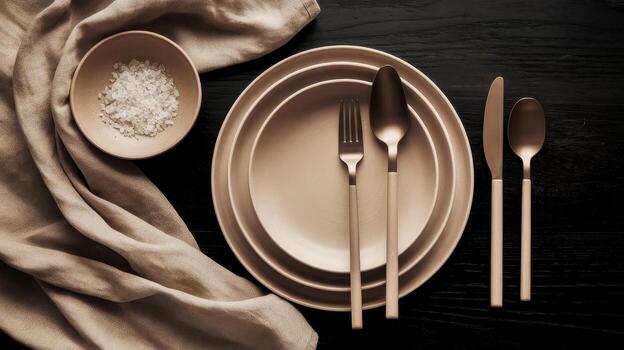 Elegant Table Setting With Modern Plates, Cutlery, Salt and Linen Cloth photo