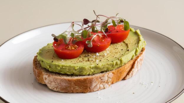 Avocado Toast With Tomatoes and Sprouts Sits on a White Plate photo