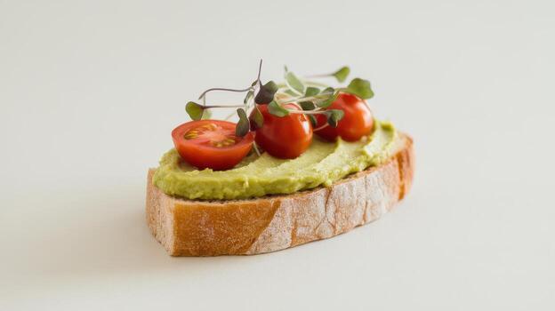 Avocado Toast With Tomato and Sprouts Sits on a White Surface in Natural Light photo