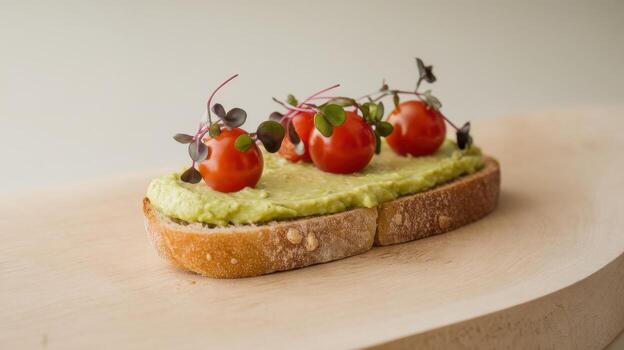 Avocado Toast With Cherry Tomatoes and Sprouts on Wooden Board photo