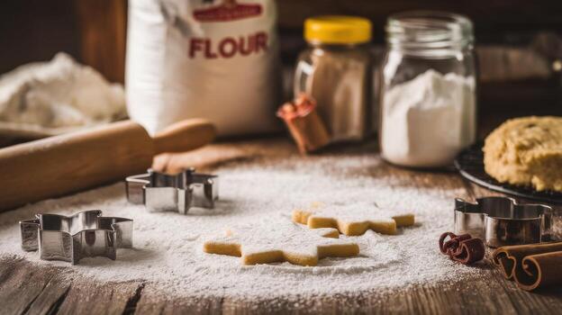 Baking Christmas Cookies on a Rustic Wooden Table Covered With Flour photo