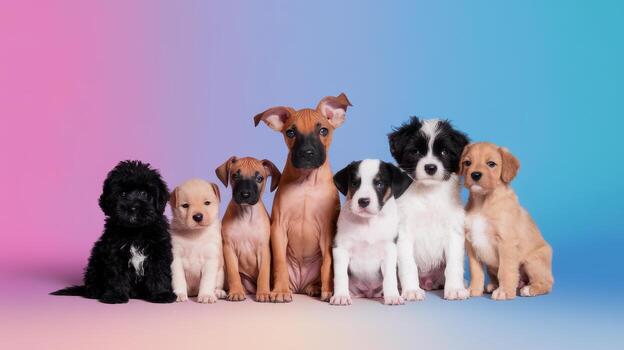 Seven Cute Puppies Are Sitting Together on a Gradient Colored Background in a Studio photo