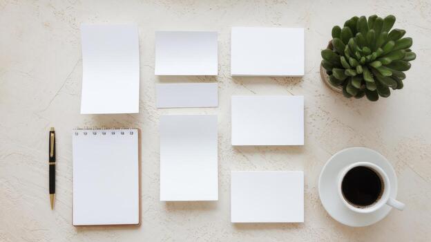 Workspace Mockup Featuring Stationery, Notepad, Coffee, and a Potted Plant photo