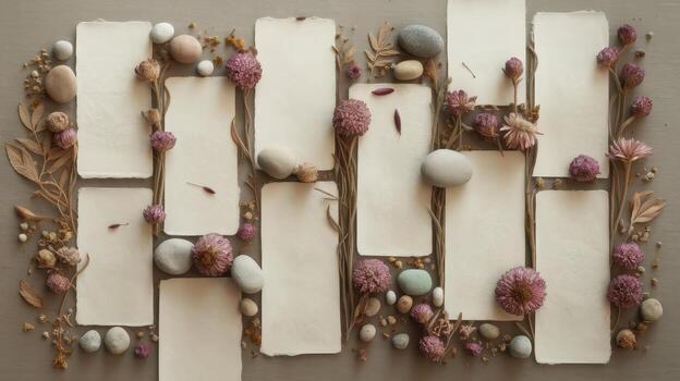 Blank Paper Sheets Decorated With Rocks, Dry Flowers, and Plant Branches on a Grey Background photo