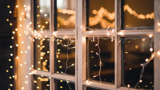 Festive Window Decorated With String Lights for Christmas Season photo