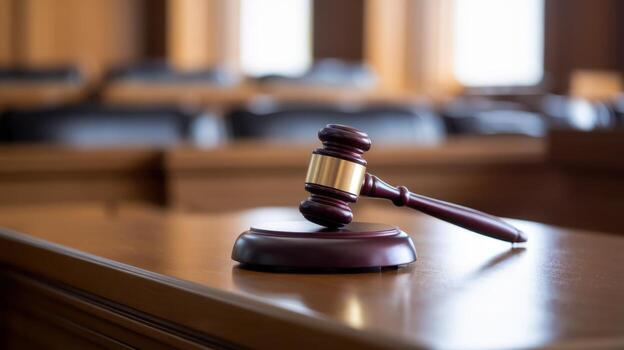 Gavel and Striking Block Sit on the Table Inside of a Courtroom Waiting for the Judge photo