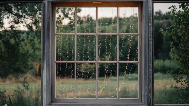 Rustic Window With String Lights Looks out Onto Green Field at Dusk photo
