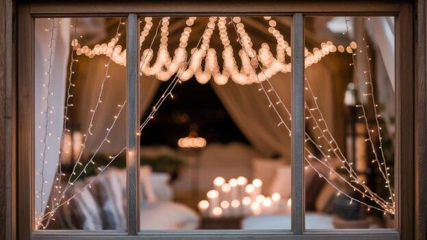 View Through Window of Romantic Dinner Setup With String Lights photo