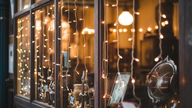 Storefront Window With String Lights During Evening in Autumn photo