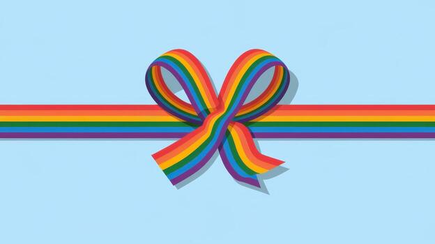 Rainbow Ribbon in Bow Shape on Light Blue Background for Pride Month Event photo