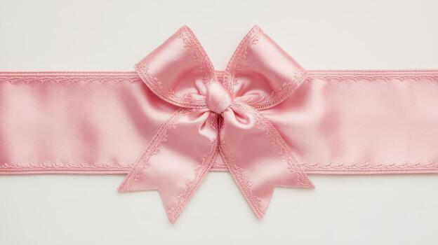 Pink Satin Ribbon With Bow Resting on White Background photo