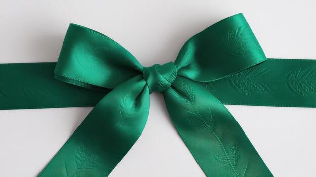 Green Ribbon Bow With Leafy Pattern Tied on a White Surface photo