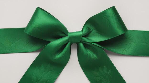 Close-up of an Elegant Green Ribbon Tied in a Bow on a White Surface photo