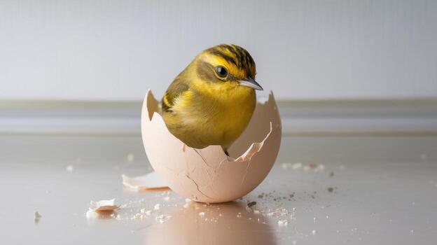 Tiny Yellow Warbler Sits in a Cracked Egg on a Reflective White Surface photo