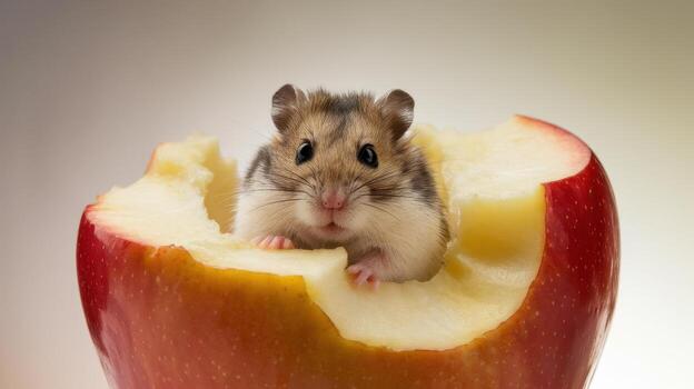 Hamster Nibbles Into a Red Apple, Making a Small Nest at Daytime photo