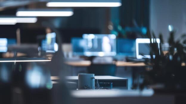 Late Night Office Scene Showing Computers and a Mug on a Desk photo