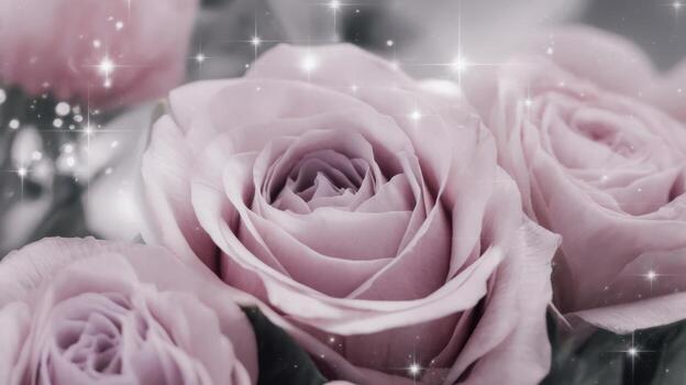Close up of Pink Roses With Glittering Stars for Decoration, With Bokeh Effect photo