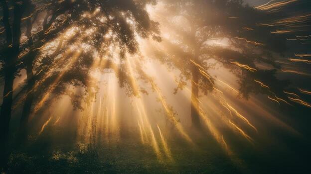 Golden Light Streaming Through Misty Forest Trees in Early Morning photo