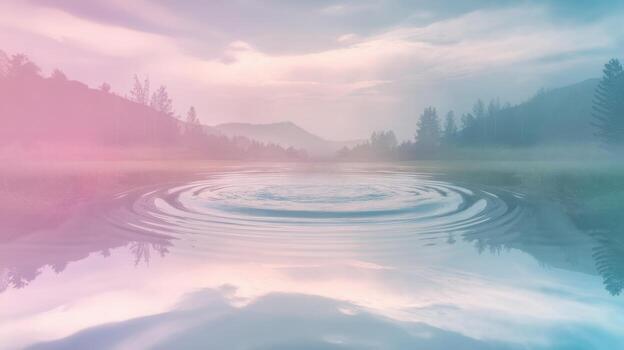 Calm Lake Reflects Colorful Sky and Mountain Range at Dawn as Ripples Form photo