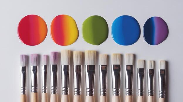 plano artista pinceles arreglado debajo vistoso pintar salpicaduras en blanco foto