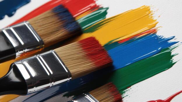 Close up of Paintbrushes With Colorful Paint Streaks Against a White Surface photo