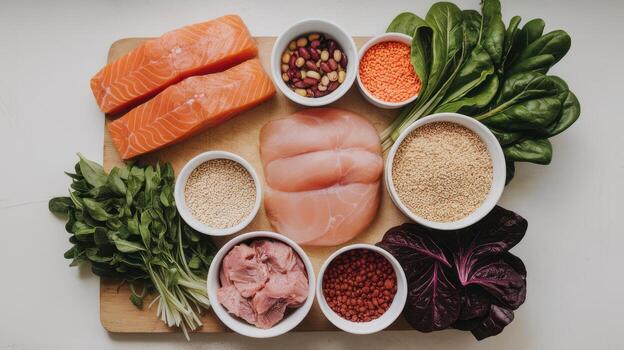 Healthy Foods Arranged on a Cutting Board on a Light Table photo