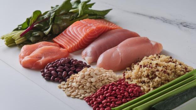 Selection of Raw Protein Sources Including Fish, Chicken, Beans and Quinoa on White Surface photo