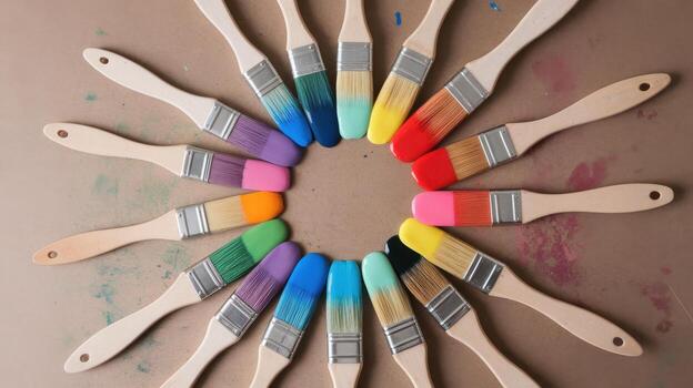 Circular Arrangement of Many Colorful Paintbrushes on a Craft Table photo