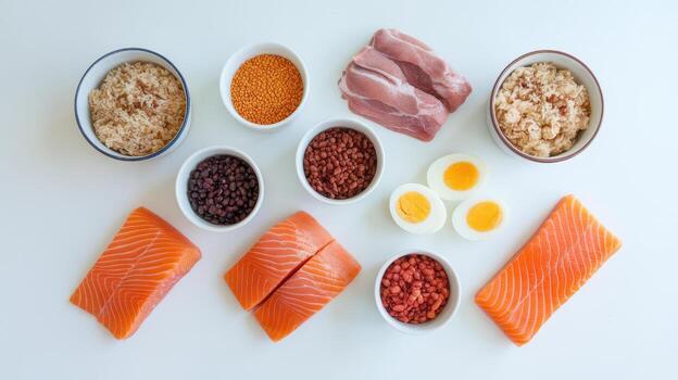 Variety of Healthy Protein Sources Displayed on White Surface photo