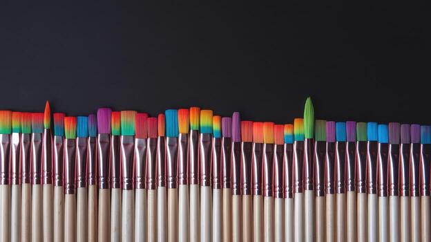 Row of Colorful Paintbrushes Against Dark Backdrop in Studio Setup photo