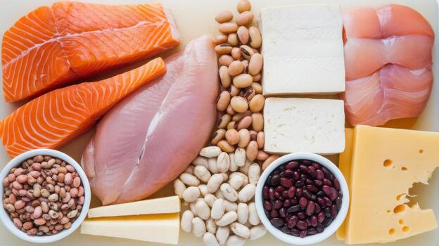 Different Protein Sources Including Salmon, Chicken, Tofu, Cheese and Beans photo