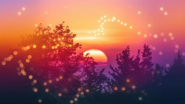Sunset Through Trees With Bokeh Lights Creates Magical Atmosphere photo