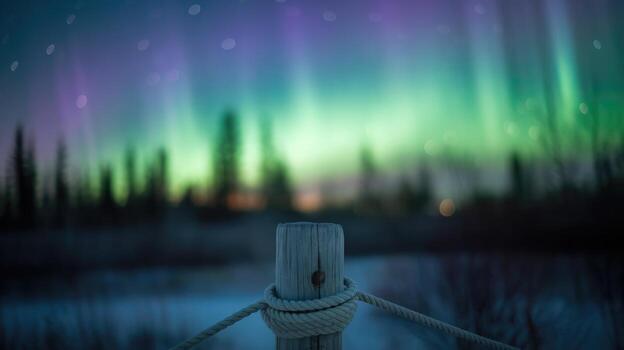 Wooden Post With Rope Against a Colorful Aurora Borealis Background photo