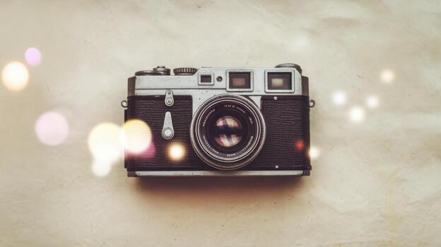 Old Camera Sits Flat on a Light Surface, With Soft Bokeh Light Effects Around It photo