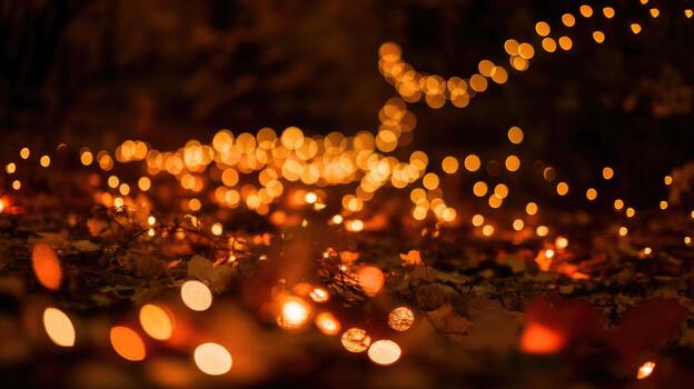 Evening Scene Shows String Lights Draped Over Autumn Leaves photo